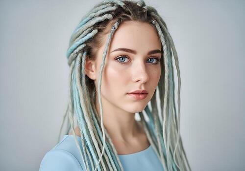 close-up-portrait-of-a-young-woman-featuring-artistic-blue-and-gray-dreadlocks-and-piercing-blue-eyes-capturing-a-contemporary-look-photo